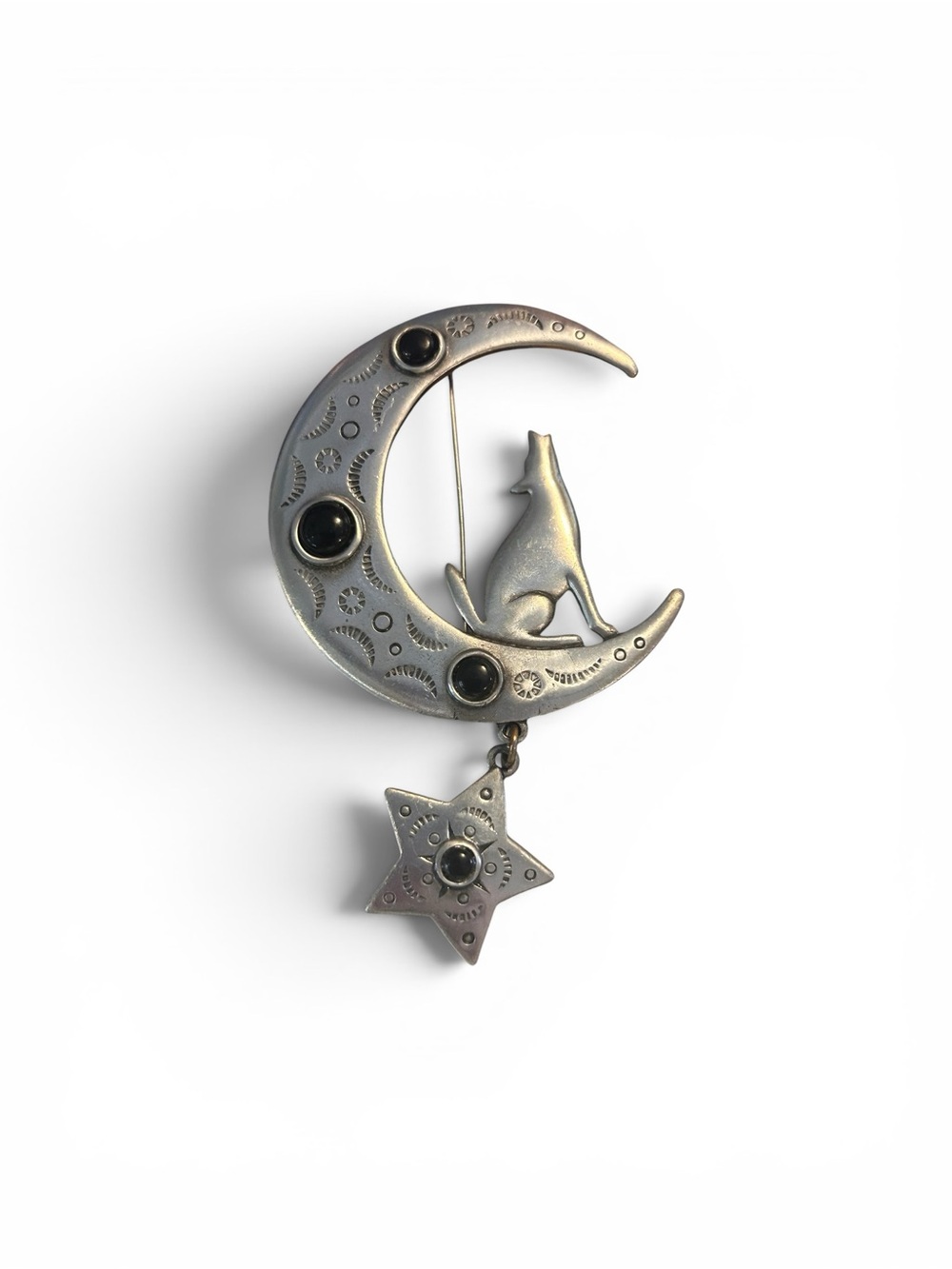 JJ Jonette 1988 Crescent Moon & Howling Wolf Star Brooch